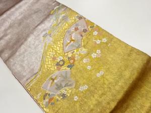 高島織物製　青銅箔地紙に鶴・草花模様織出し名古屋帯